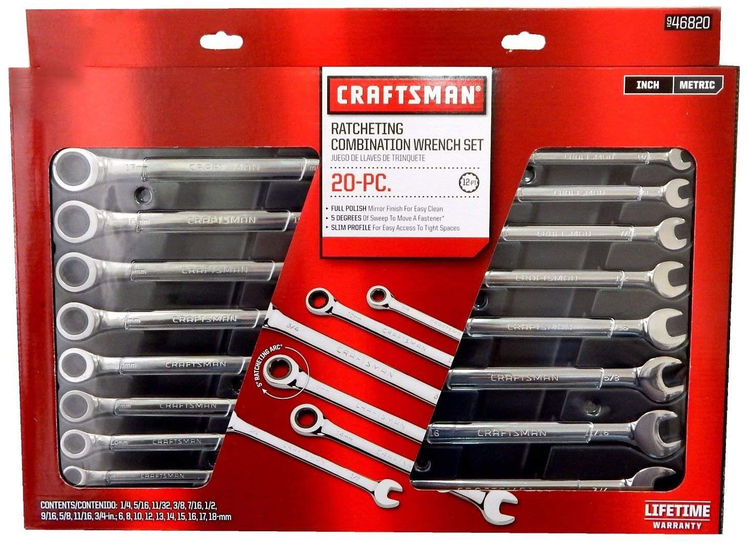 Craftsman Ratcheting Wrench Set 72-Tooth Box End 20-Piece SAE/Metric